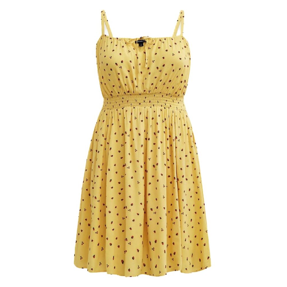 torrid Mini Gauze Smocked Waist Dress Strawberries Yellow Dress‎ Size 3 - NWOT - Picture 2 of 9